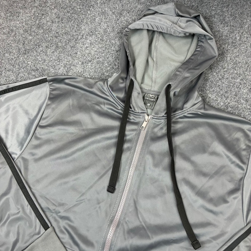 Victory Mens Gray Full Zip Track Jacket Hoodie Black Side Stripe Size Medium